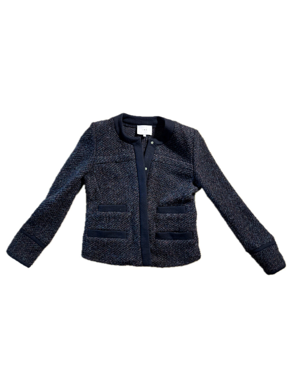 IRO Cym Dark Grey Tweed Wool Blend Collarless Jacket Snap Button EU 40